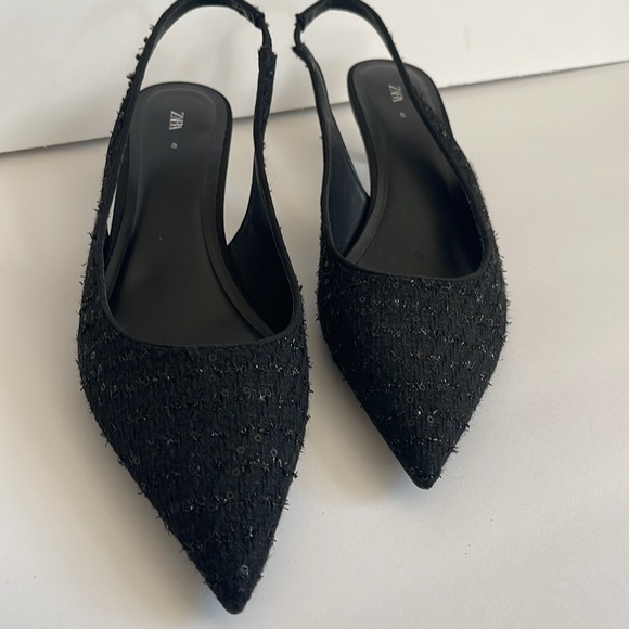 Zara Beautiful Black Tweed Size Euro 40 Slingback Low Heels - Picture 3 of 10